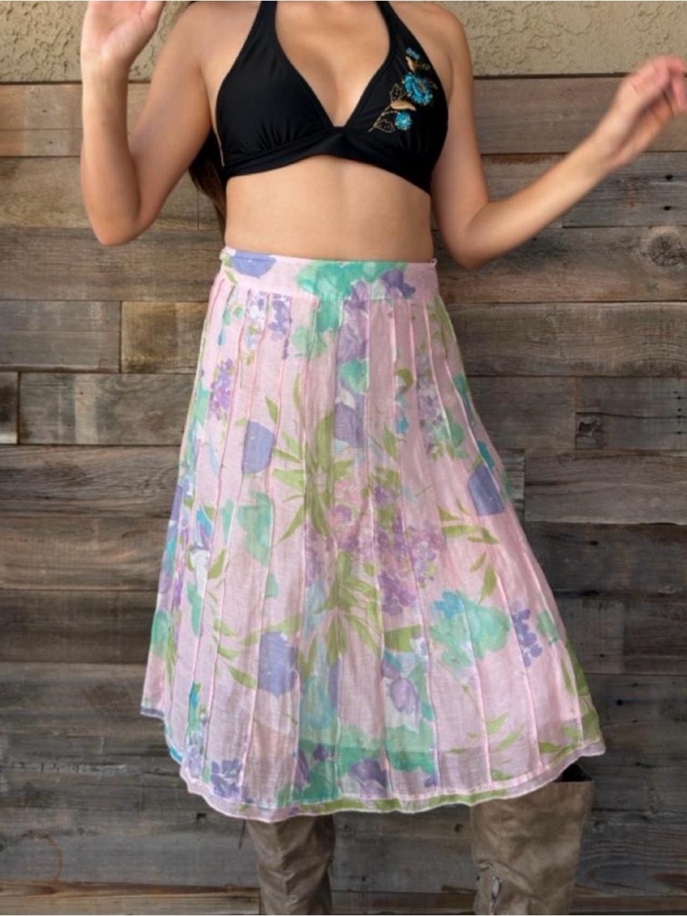 Vintage trevan pink floral maxi skirt|silk and linen|size 8 (medium)